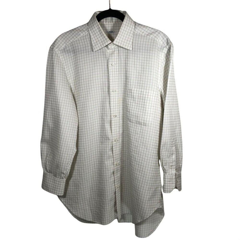 Barba Cream Tan Check Long Sleeve Button Up Mens Shirt Sz 42 16.5 100% Cotton